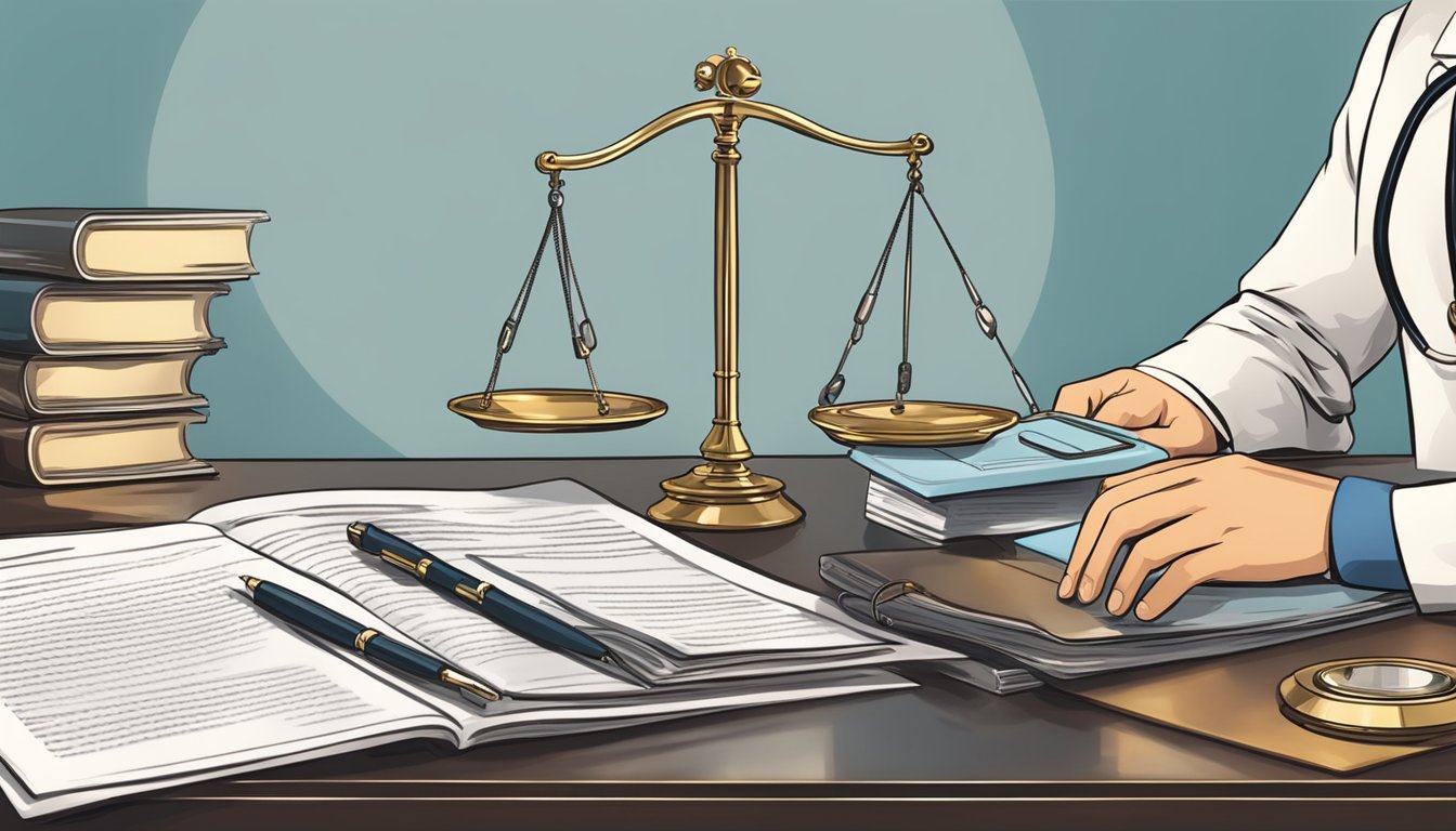 Scales of justice on a desk with books, papers, and a doctor