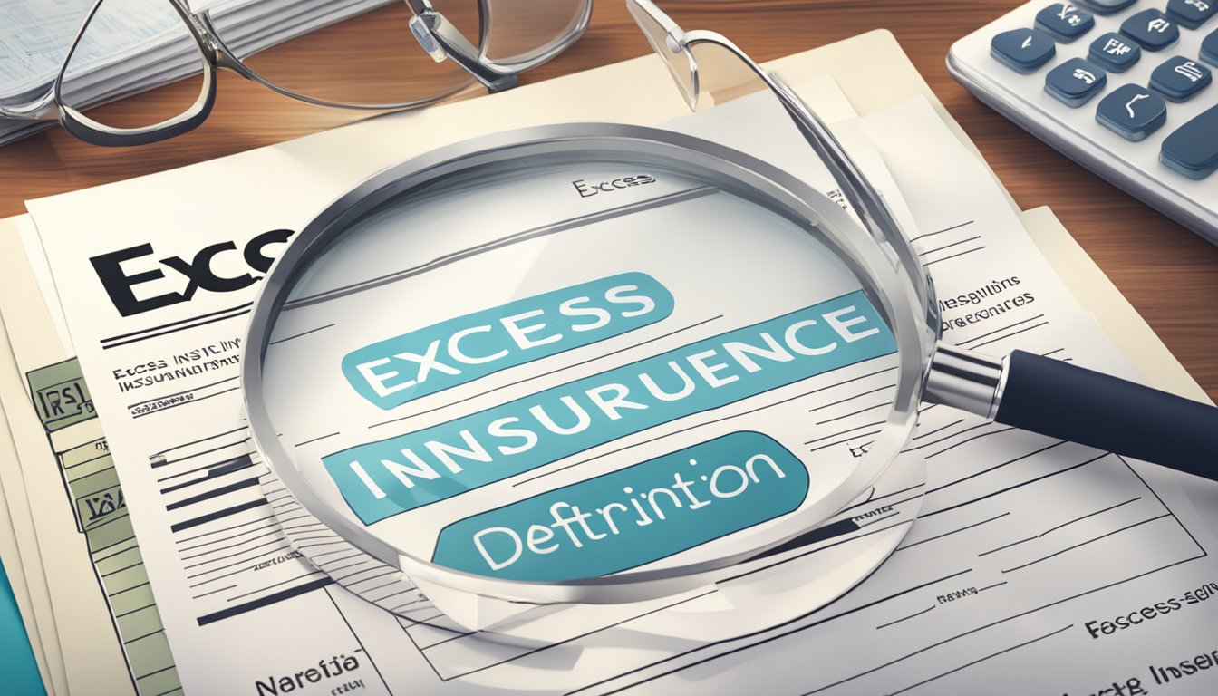 Magnifying glass over "Excess Innsuruence" on a document with glasses and calculator