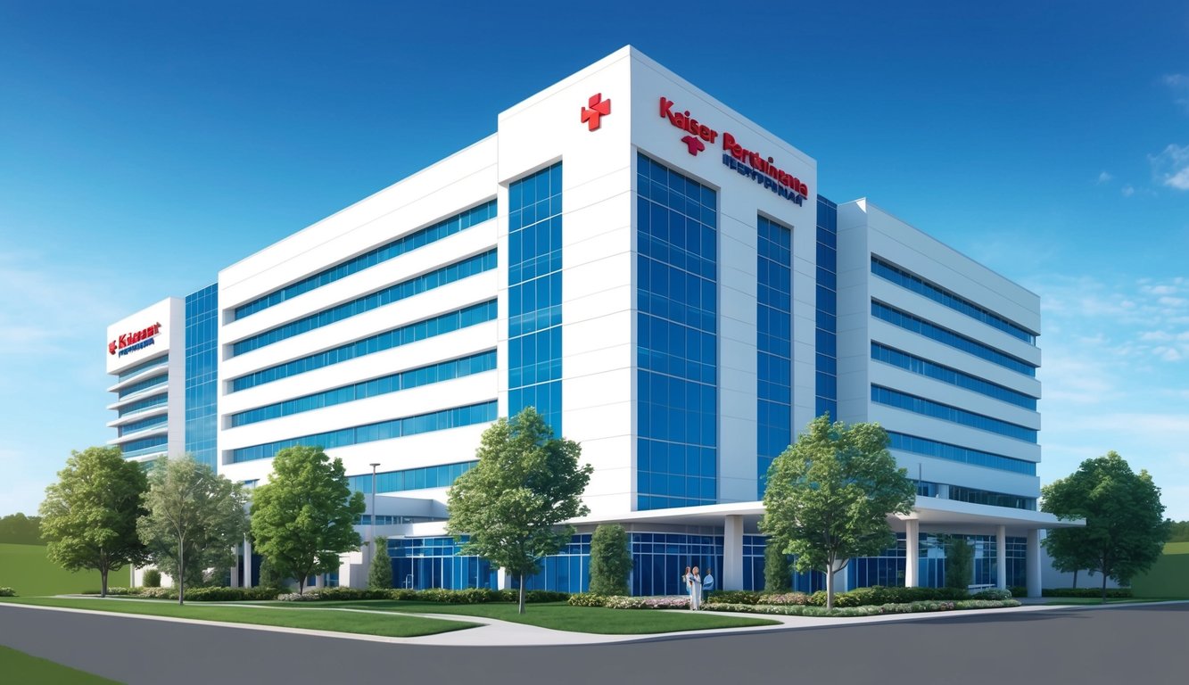 A bright and modern hospital building with the Kaiser Permanente logo prominently displayed, surrounded by lush greenery and a clear blue sky