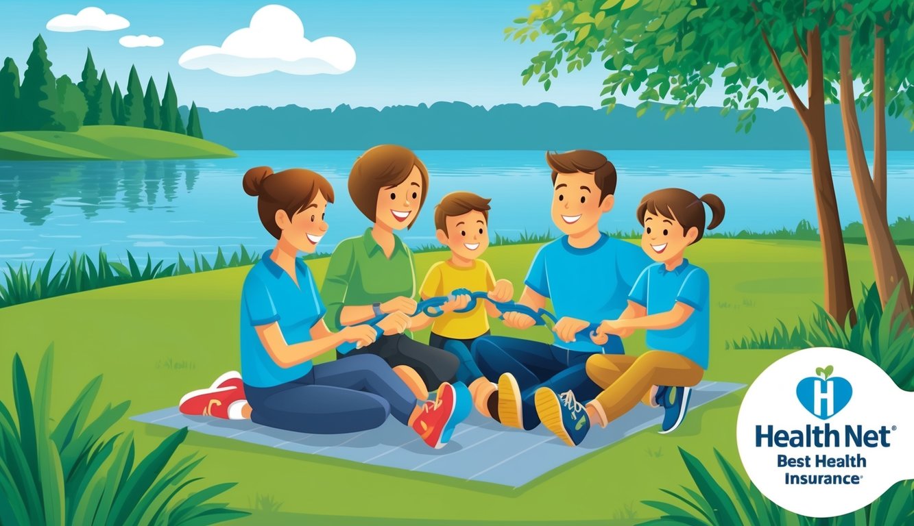 A family of four enjoying outdoor activities together, with a backdrop of a peaceful lake and lush greenery, while a Health Net Best health insurance logo subtly appears in the corner