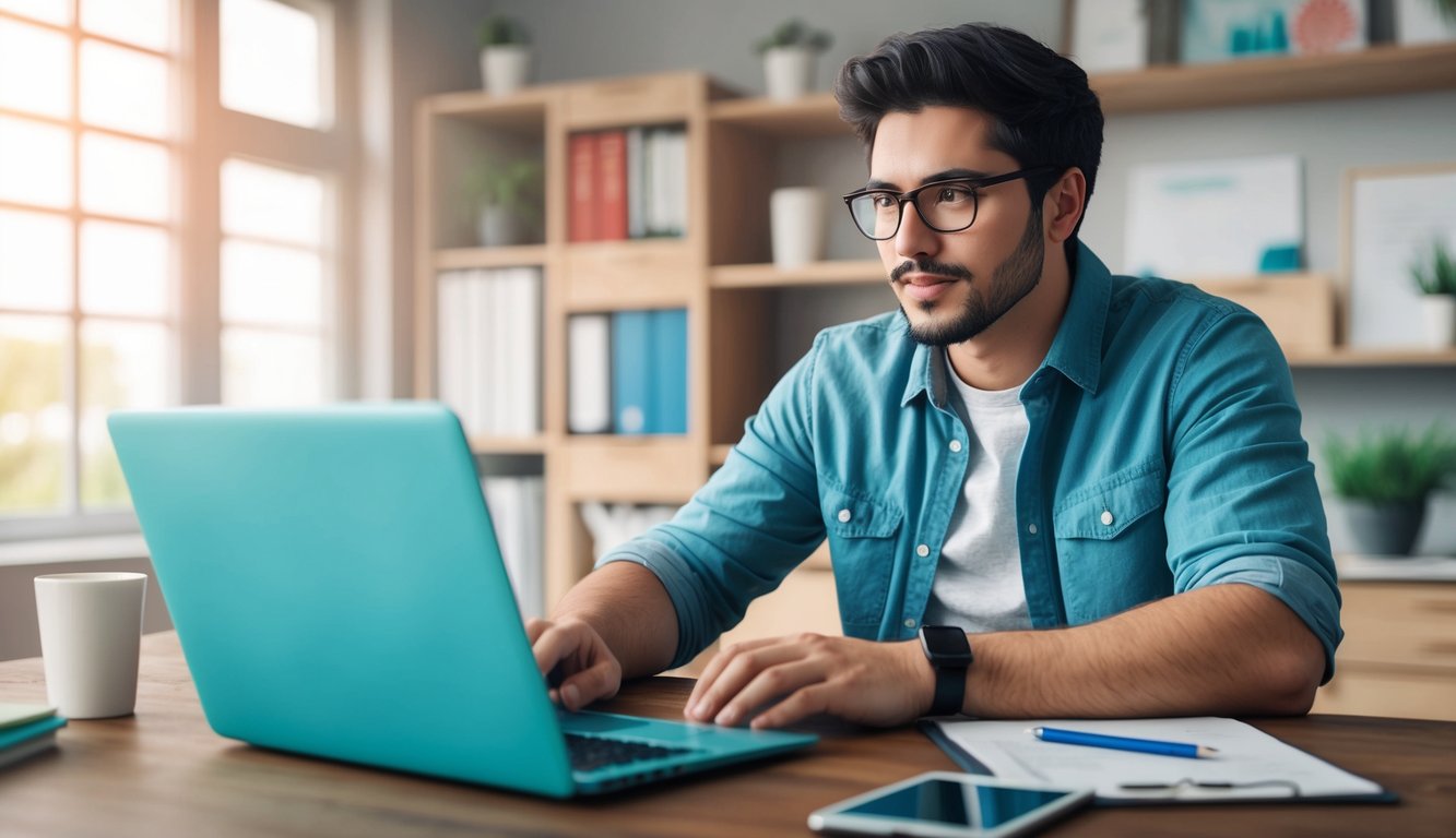 Man in glasses working on a teal laptop at a wooden desk