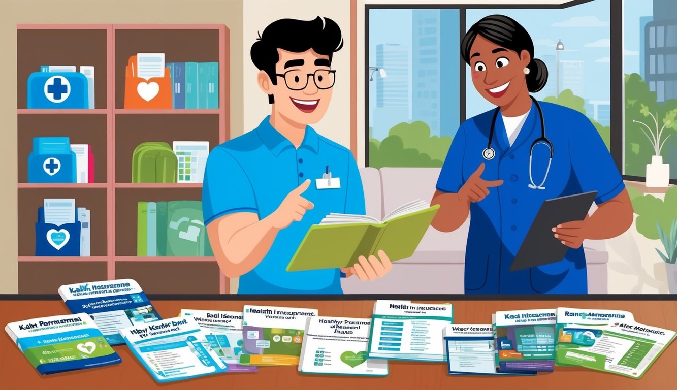 A young adult happily browsing through a variety of health insurance plans, with a Kaiser Permanente representative explaining the benefits