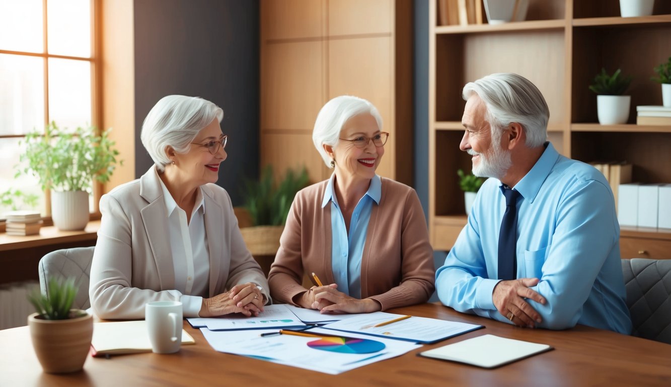 Three older adults smiling at each other during a meeting at a table