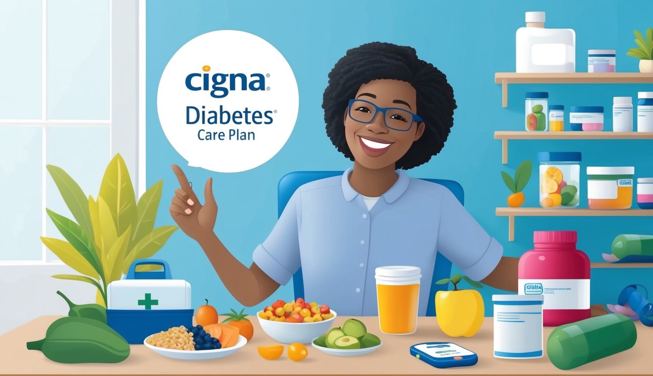 A person with diabetes happily managing their health with the help of Cigna's Diabetes Care Plan, surrounded by healthy food, exercise equipment, and medical supplies