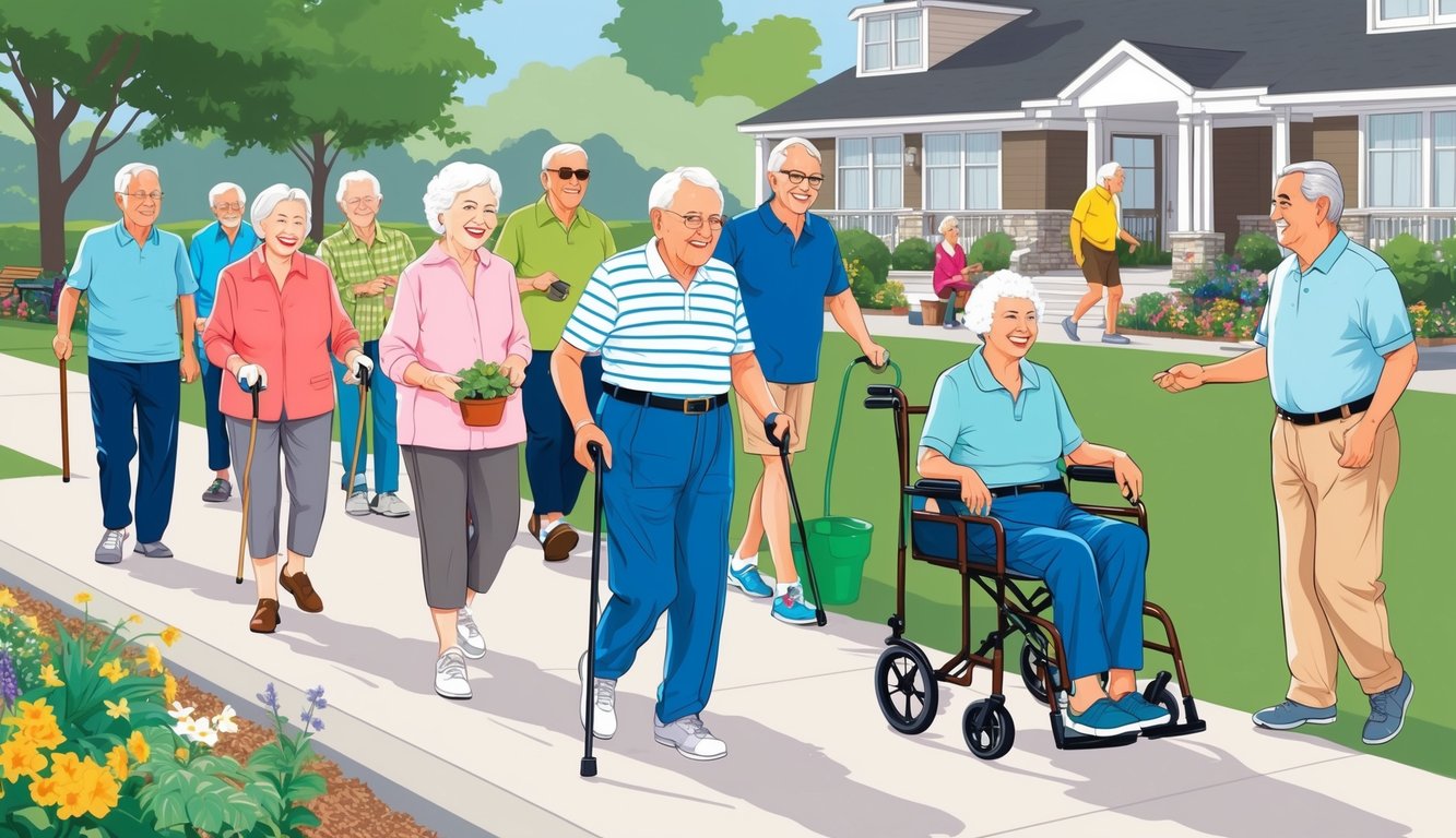 A group of seniors over 70 engaged in various outdoor activities, such as walking, gardening, and socializing in a community setting