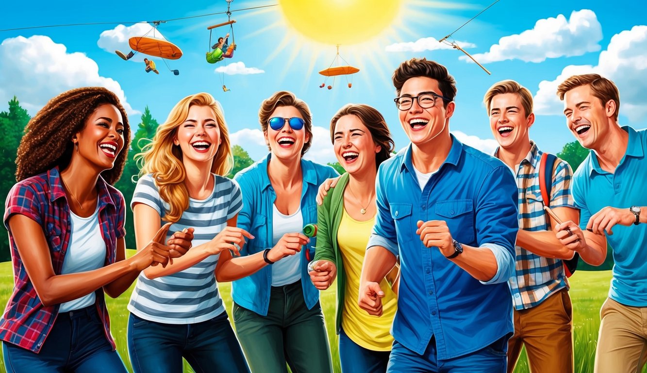 A group of young adults smiling and laughing while engaged in various outdoor activities, with a bright and sunny sky overhead