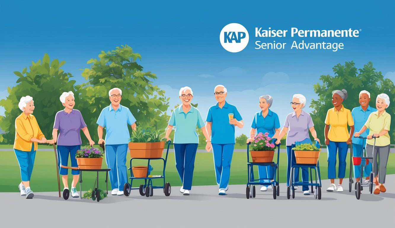 A group of seniors over 70 engaging in various outdoor activities, such as walking, gardening, and socializing, with the Kaiser Permanente Senior Advantage logo displayed prominently in the background