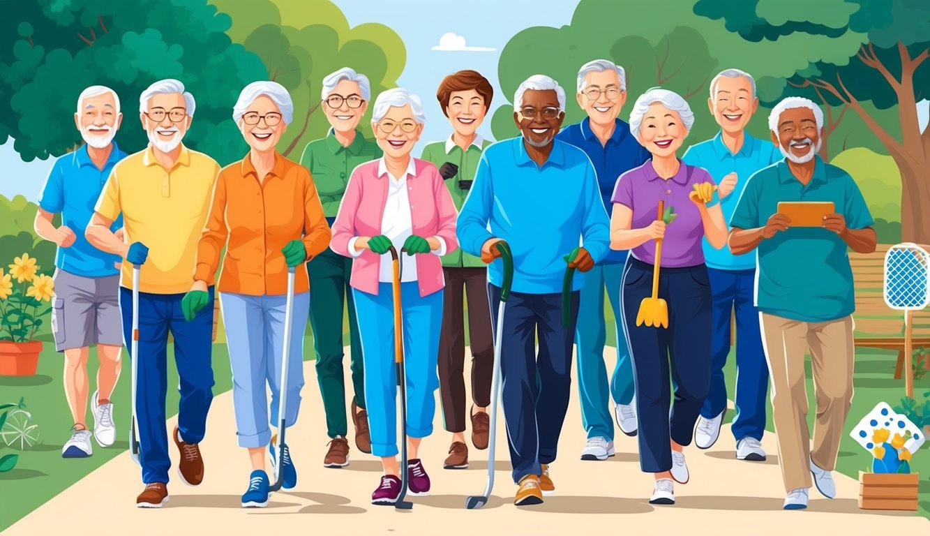 A group of seniors over 70 engage in various outdoor activities, such as walking, gardening, and playing games, while smiling and enjoying each other's company