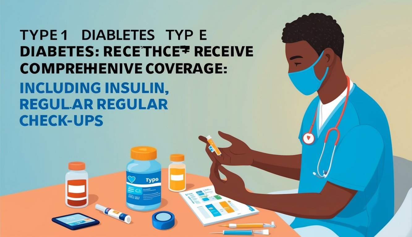 Doctor with medical supplies, text about diabetes, and insulin coverage