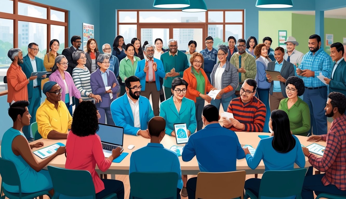 Diverse group of people in a meeting, some seated, others standing