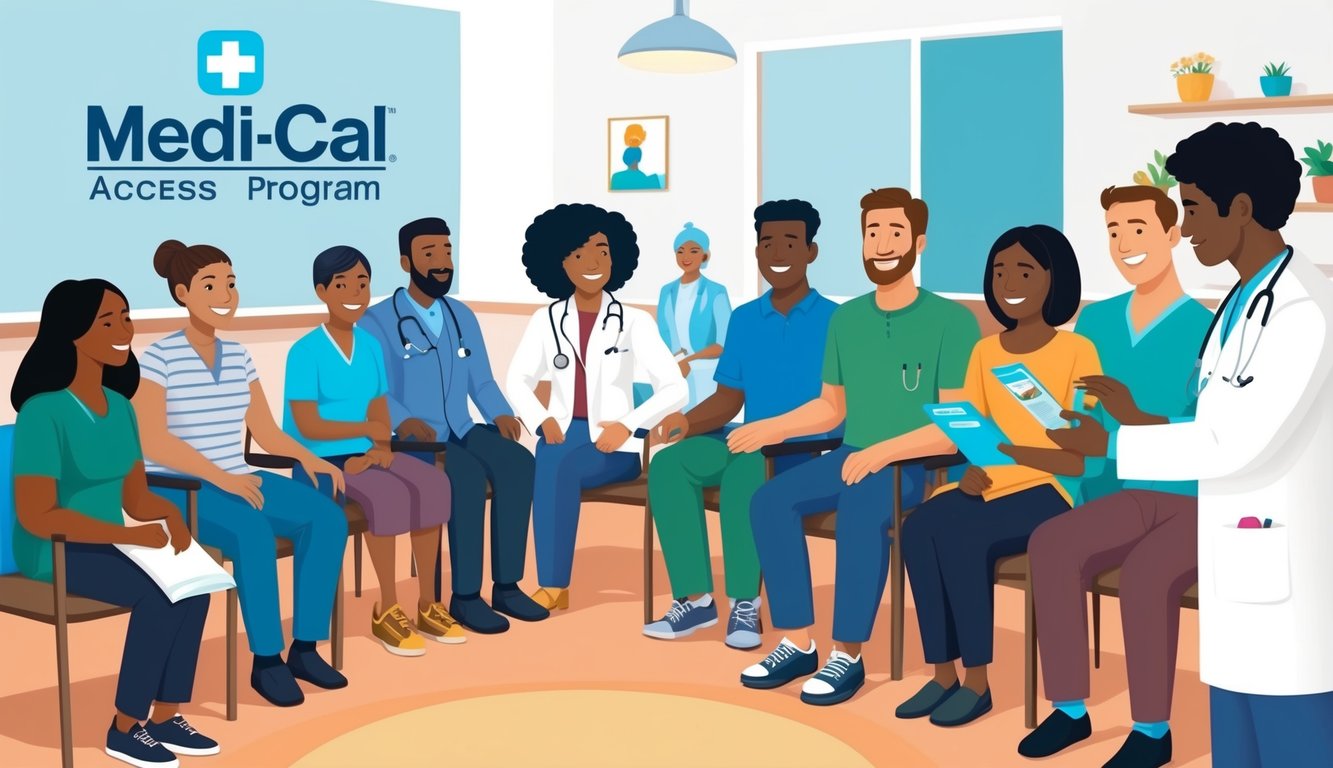 A diverse group of people receiving medical care in a welcoming clinic setting with the Medi-Cal Access Program logo displayed prominently