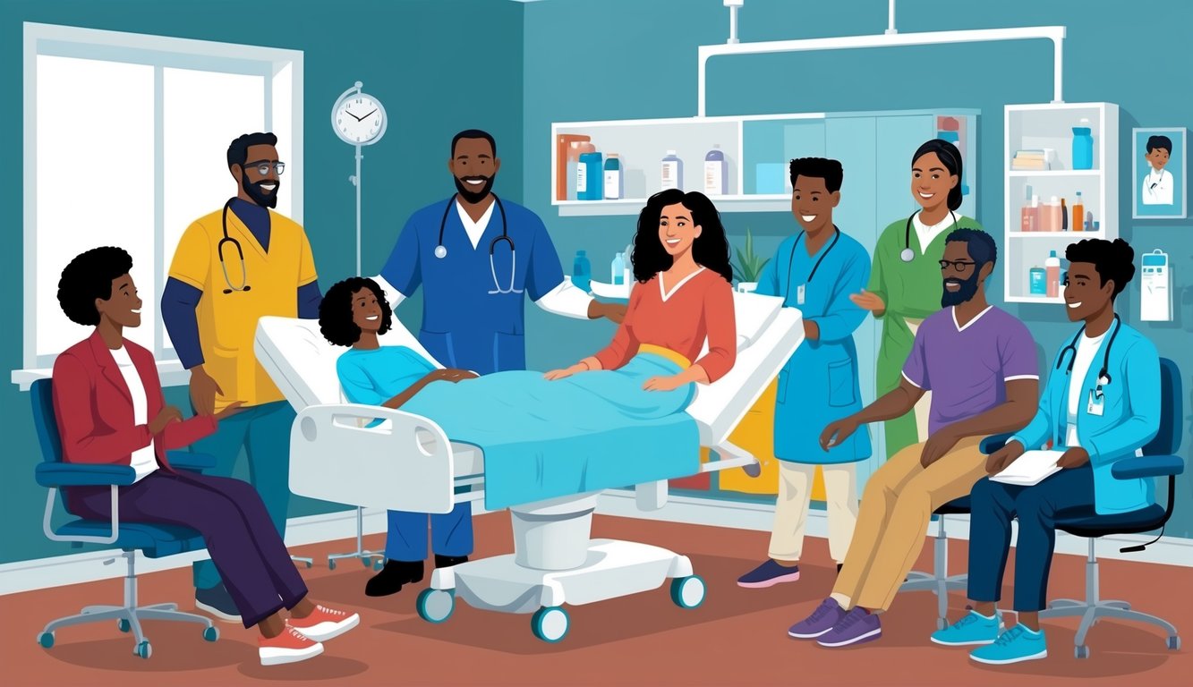 A group of diverse individuals receiving medical care in a welcoming and inclusive environment