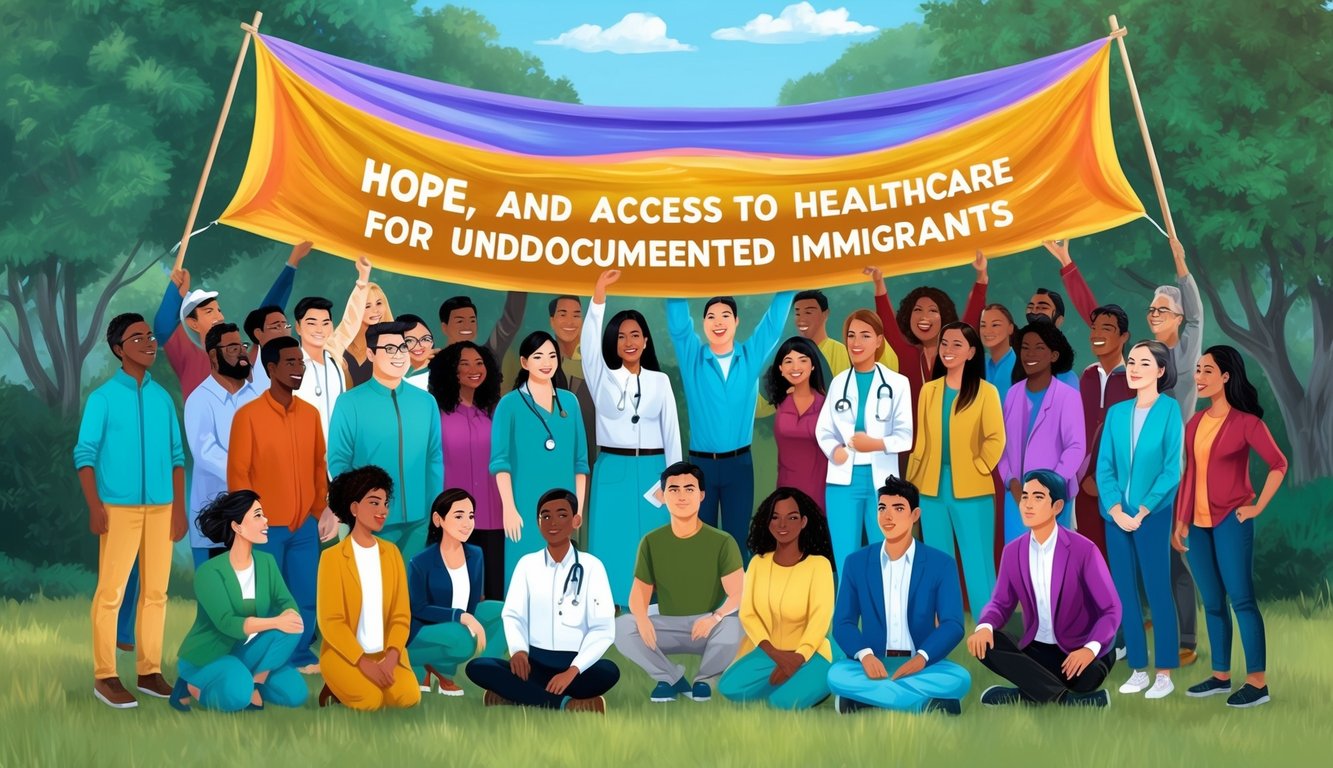 A group of diverse individuals gather under a vibrant banner, symbolizing hope and access to healthcare for undocumented immigrants