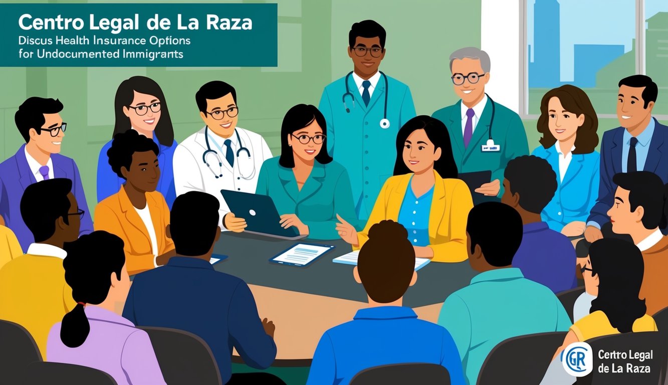 A group of diverse individuals gather at Centro Legal de la Raza, discussing health insurance options for undocumented immigrants.</p><p>The atmosphere is supportive and informative