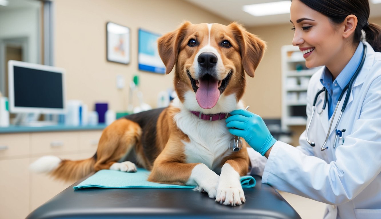 Happy dog at the vet's office being examined by a smiling veterinarian
