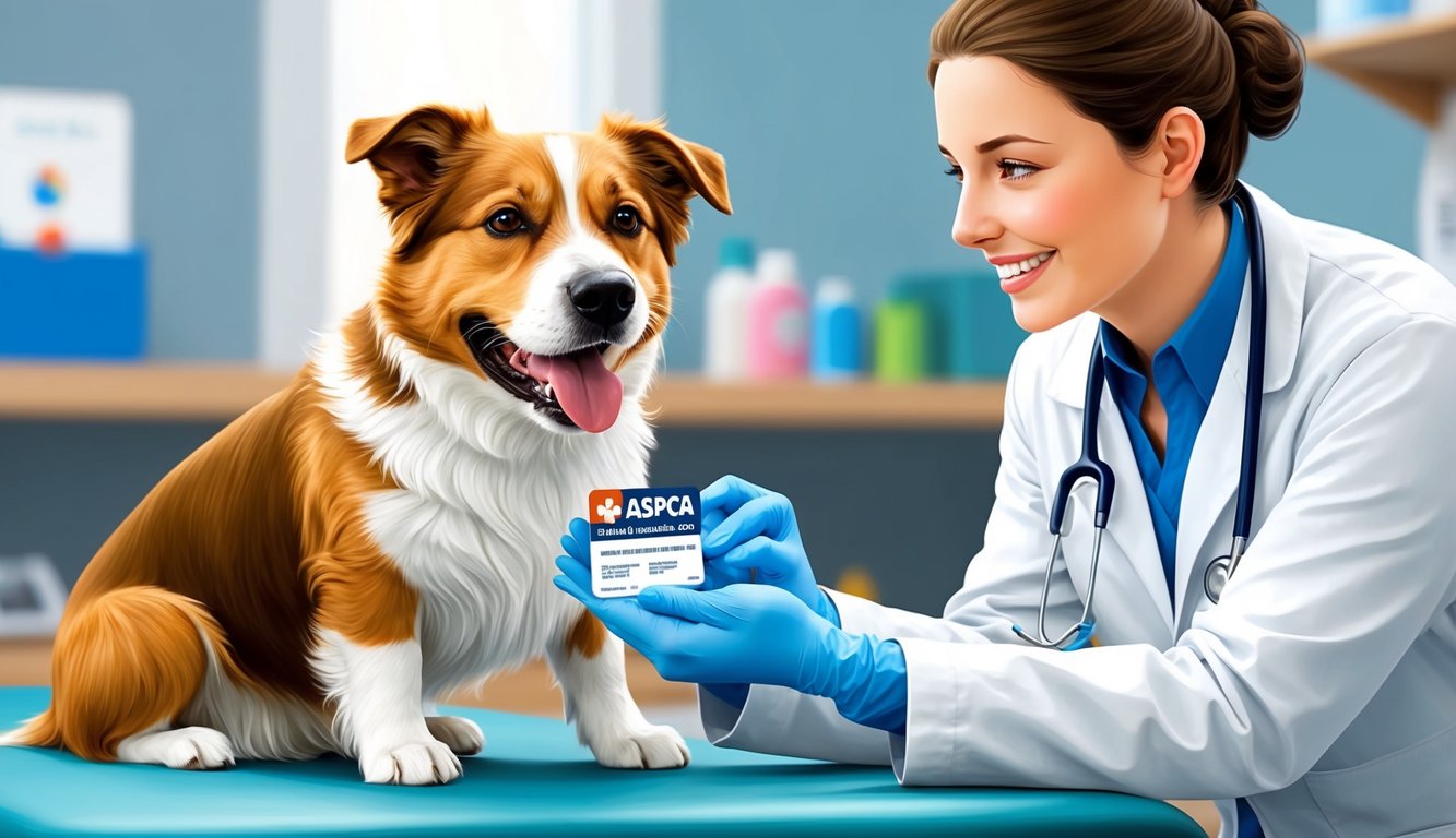 A happy dog receiving medical care from a veterinarian, with an ASPCA Pet Health Insurance card visible in the background