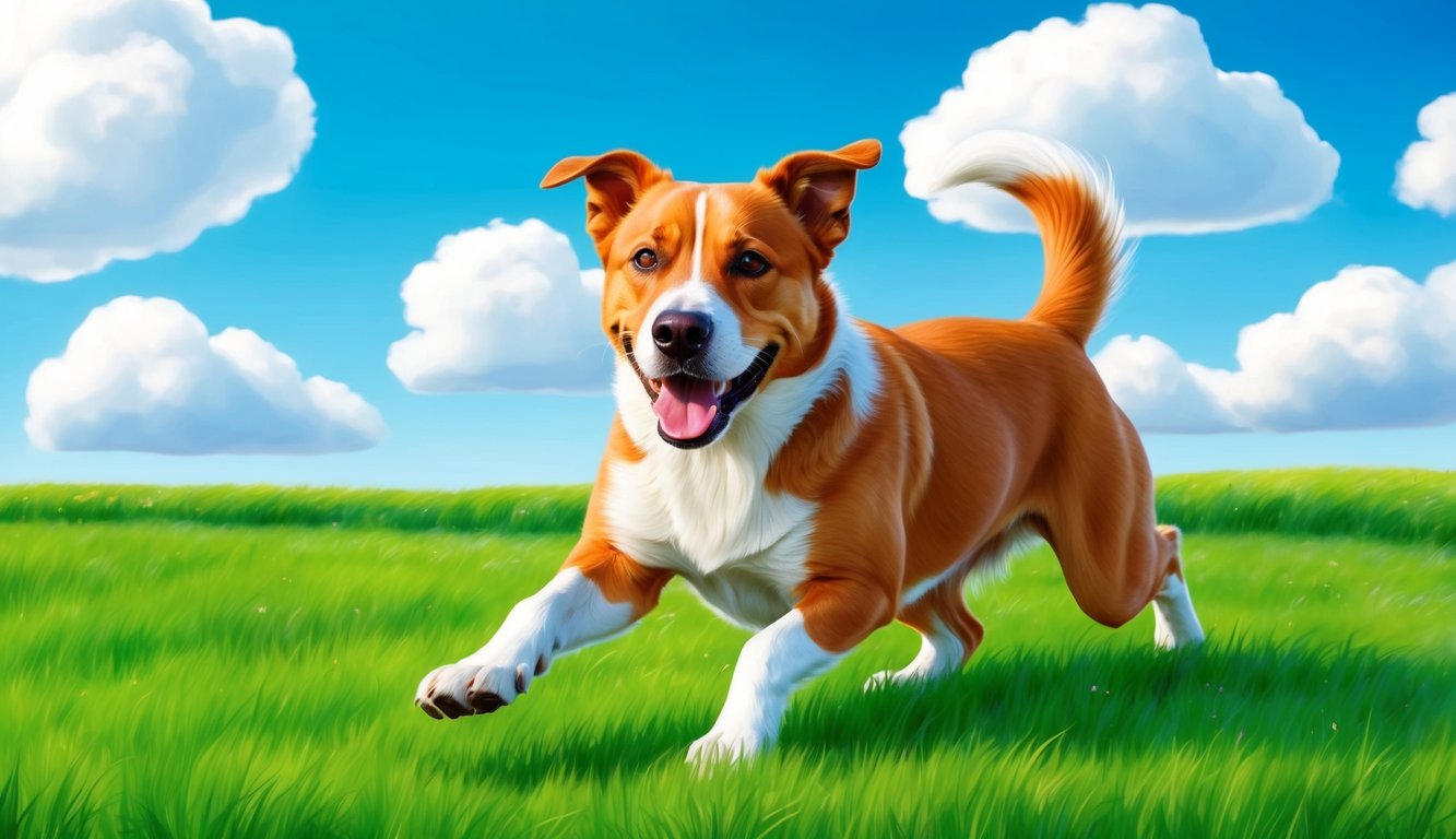 A happy, healthy dog playing in a vibrant green field, with a bright blue sky and fluffy white clouds above