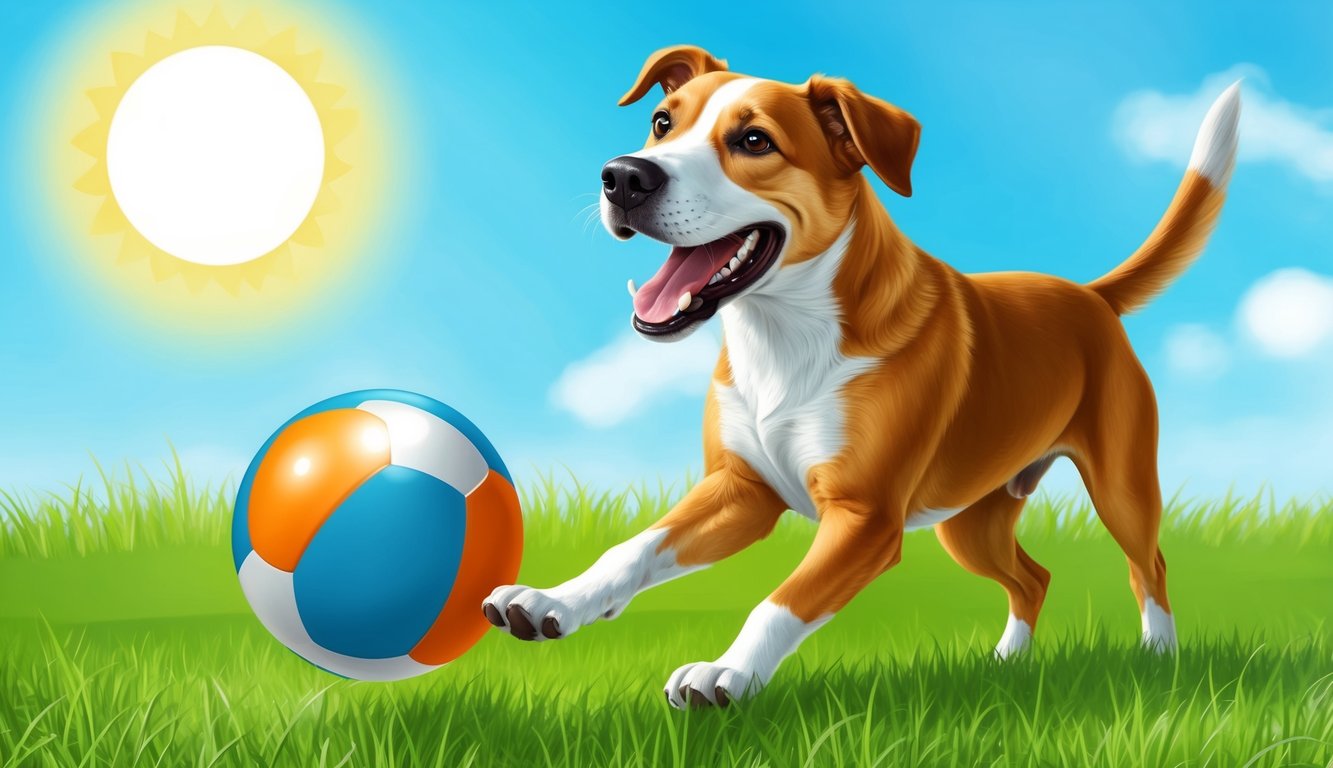 A happy dog playing with a ball in a grassy field, with a bright blue sky and sunshine in the background