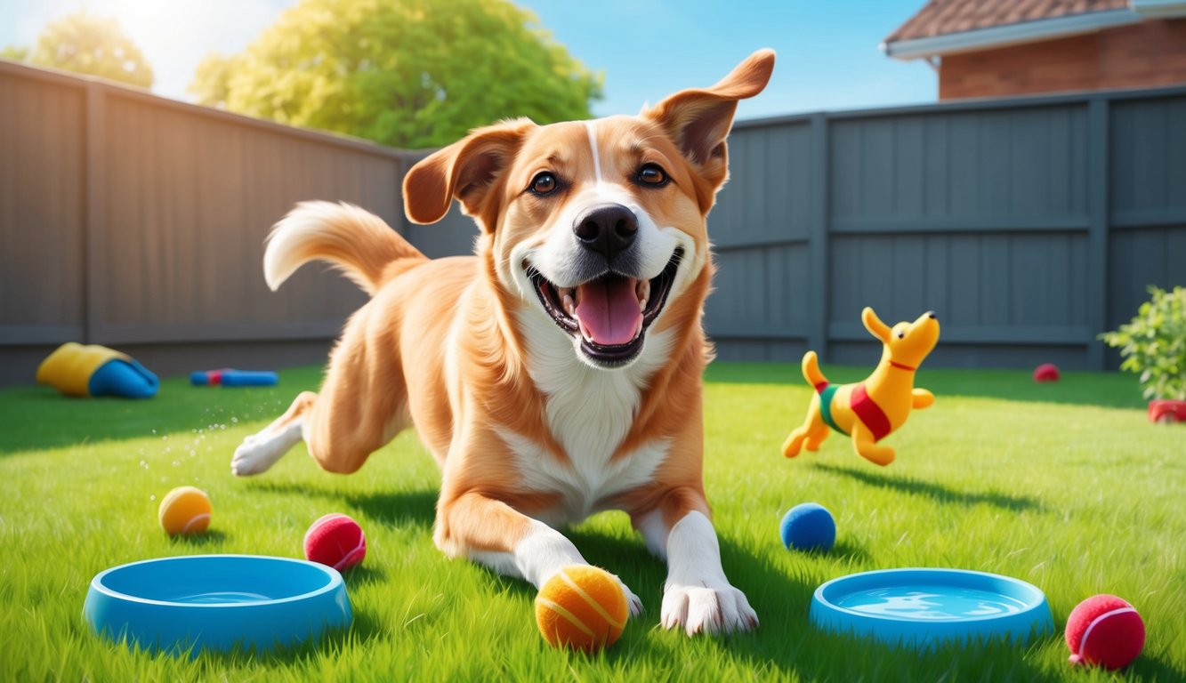 A happy, healthy dog playing in a sunny backyard, surrounded by toys and a water bowl