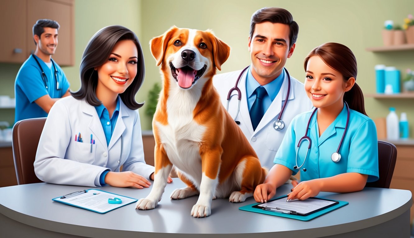 A happy, healthy dog with a wagging tail and shiny coat, surrounded by a loving family and a veterinarian