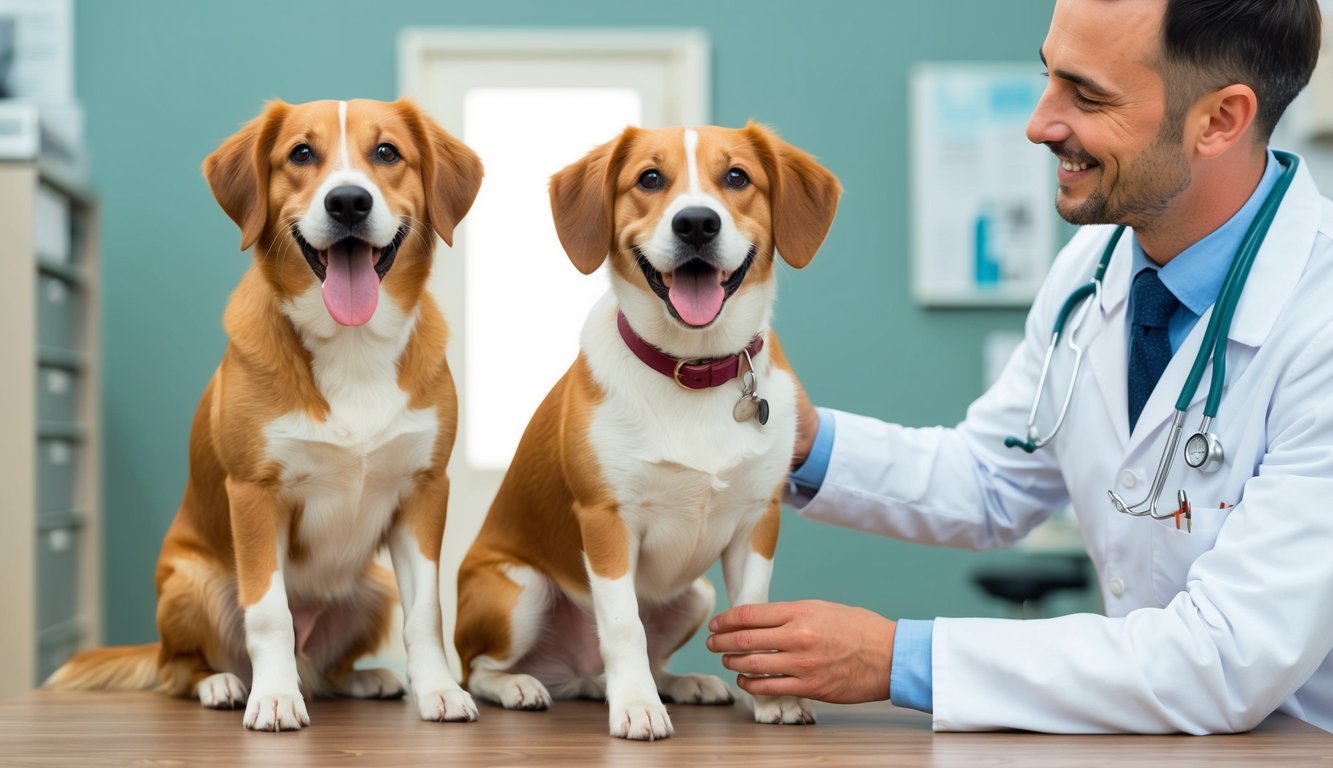 A happy dog with a wagging tail, sitting beside a veterinarian and receiving a check-up