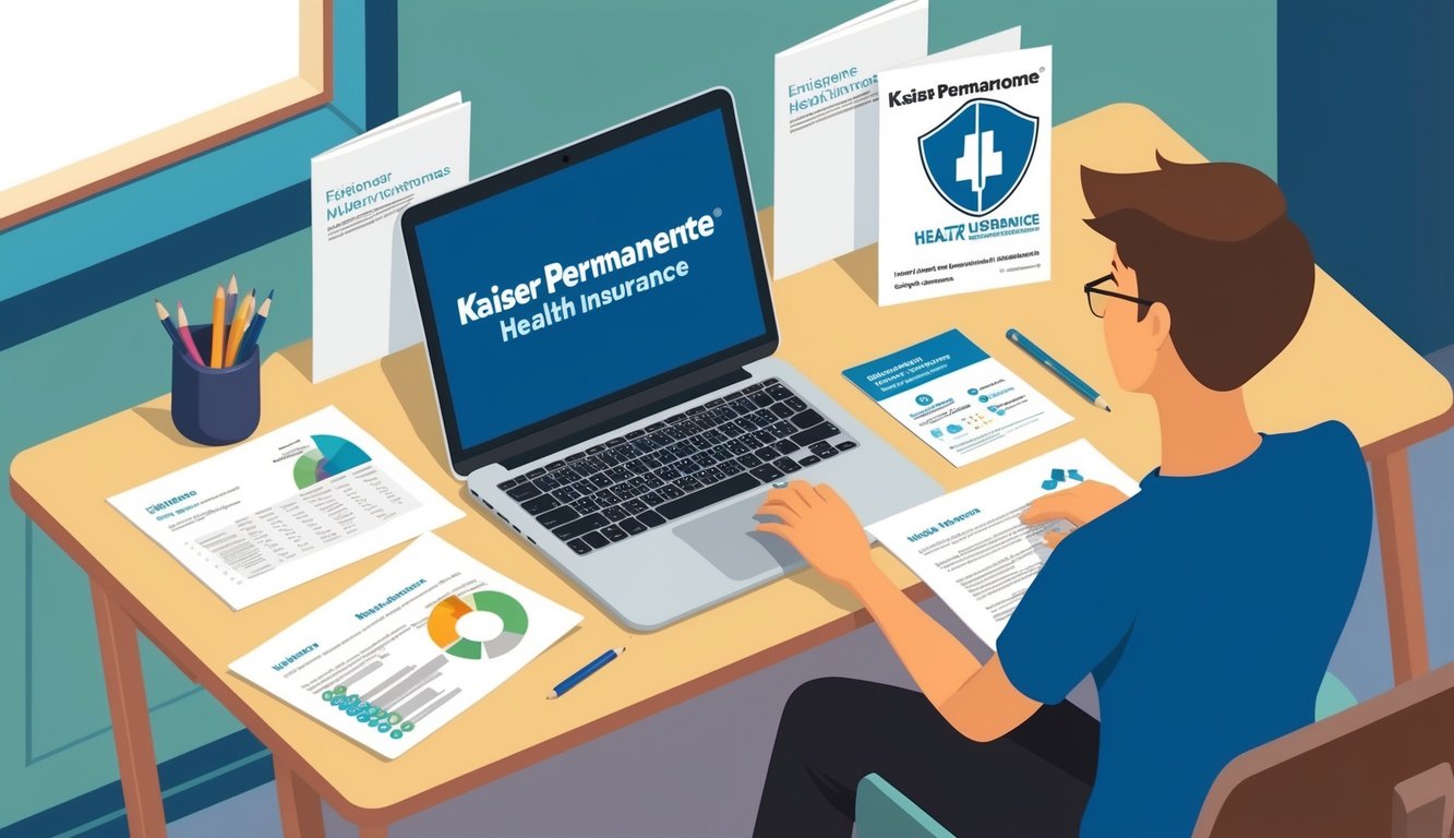 A freelancer working at a desk with a laptop, surrounded by papers and a Kaiser Permanente health insurance brochure