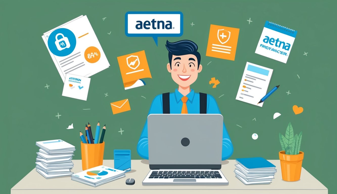 A freelancer happily working at a desk, surrounded by Aetna Best health insurance materials and a laptop