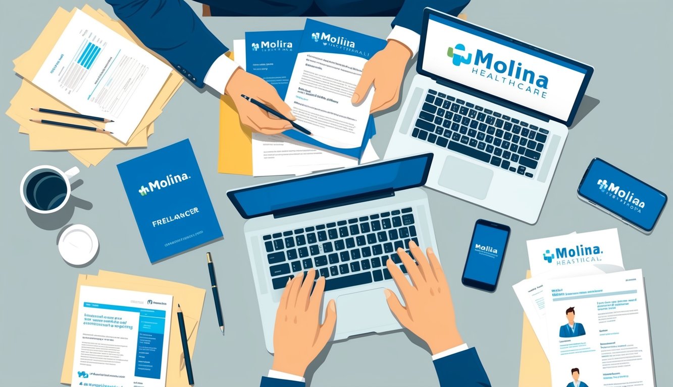 A freelancer working at a desk, surrounded by paperwork and a laptop, with a Molina Healthcare brochure and a phone displaying the Molina website