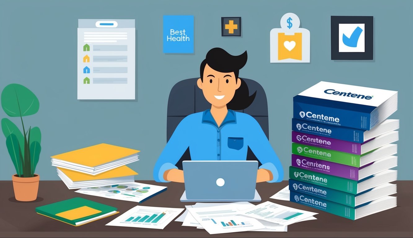 A freelancer sitting at a desk, surrounded by paperwork and a laptop, with a stack of insurance brochures from Centene Best health insurance