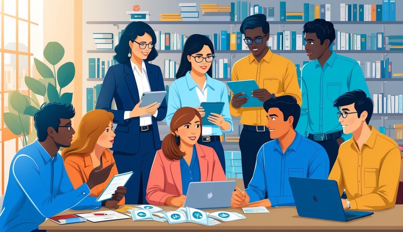 Diverse group of people in a meeting, working on laptops and documents