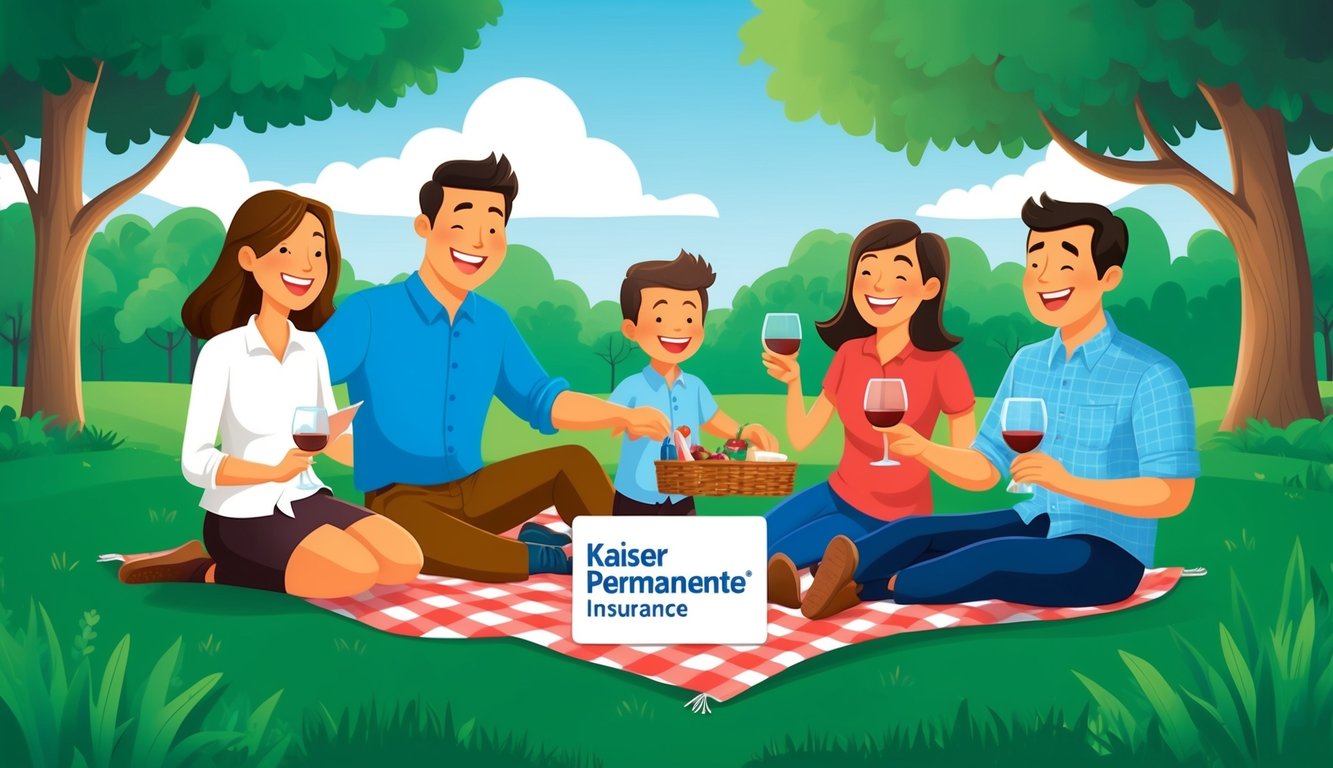 A happy family of four enjoying a picnic in a lush green park, with a Kaiser Permanente insurance card visible on the picnic blanket