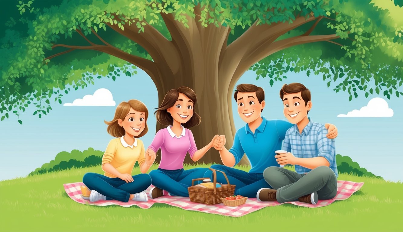 A family of four sits together under a large tree, smiling and enjoying a picnic.</p><p>A sense of security and happiness radiates from them