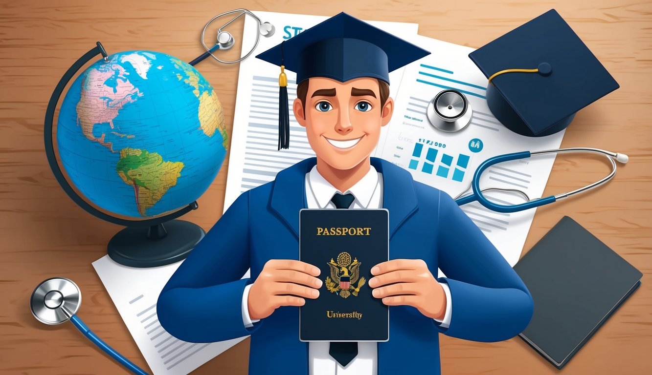 A student holding a passport and a university acceptance letter, surrounded by a globe, a stethoscope, and a graduation cap