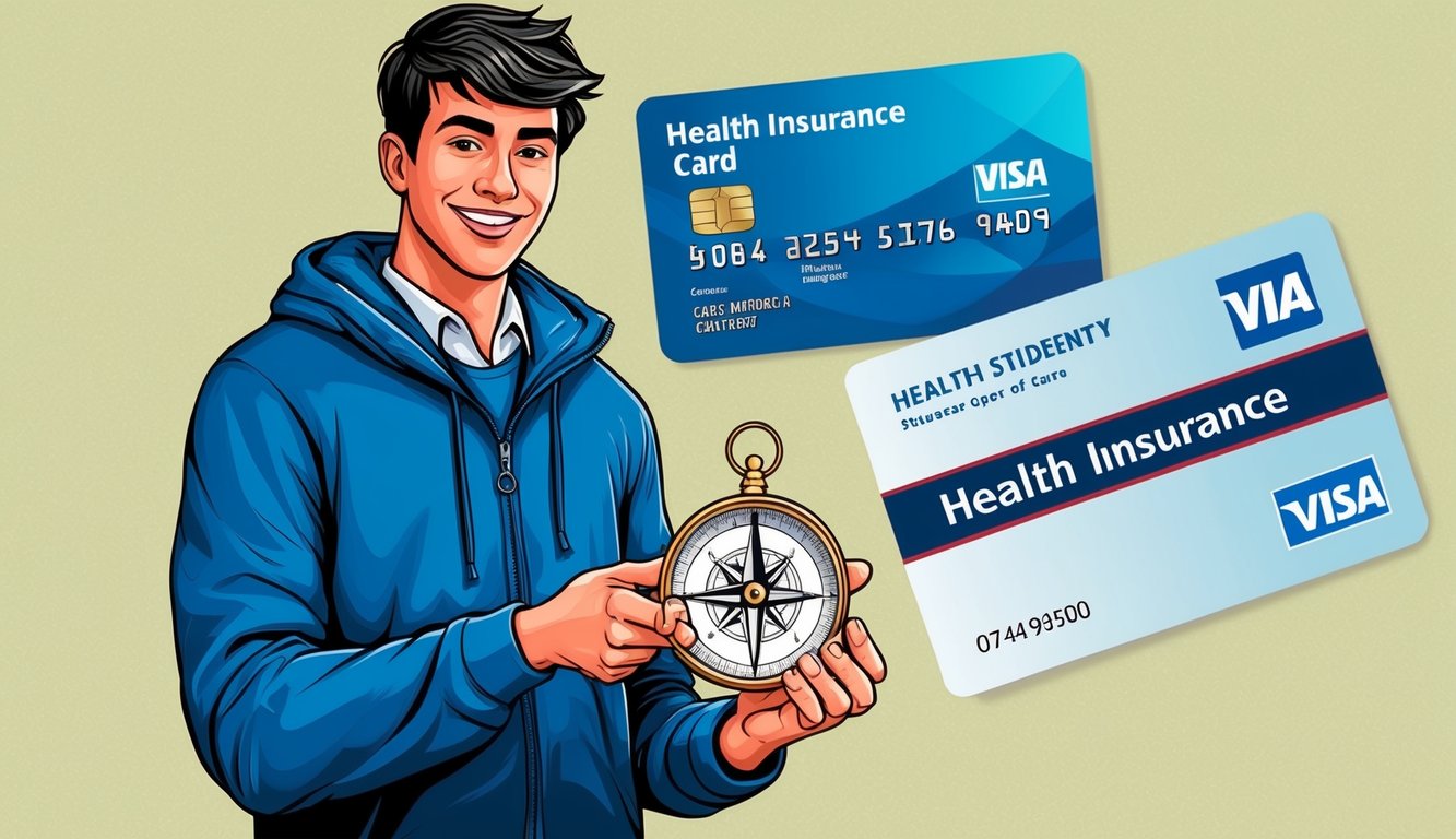 A student holding a compass with a health insurance card in the background