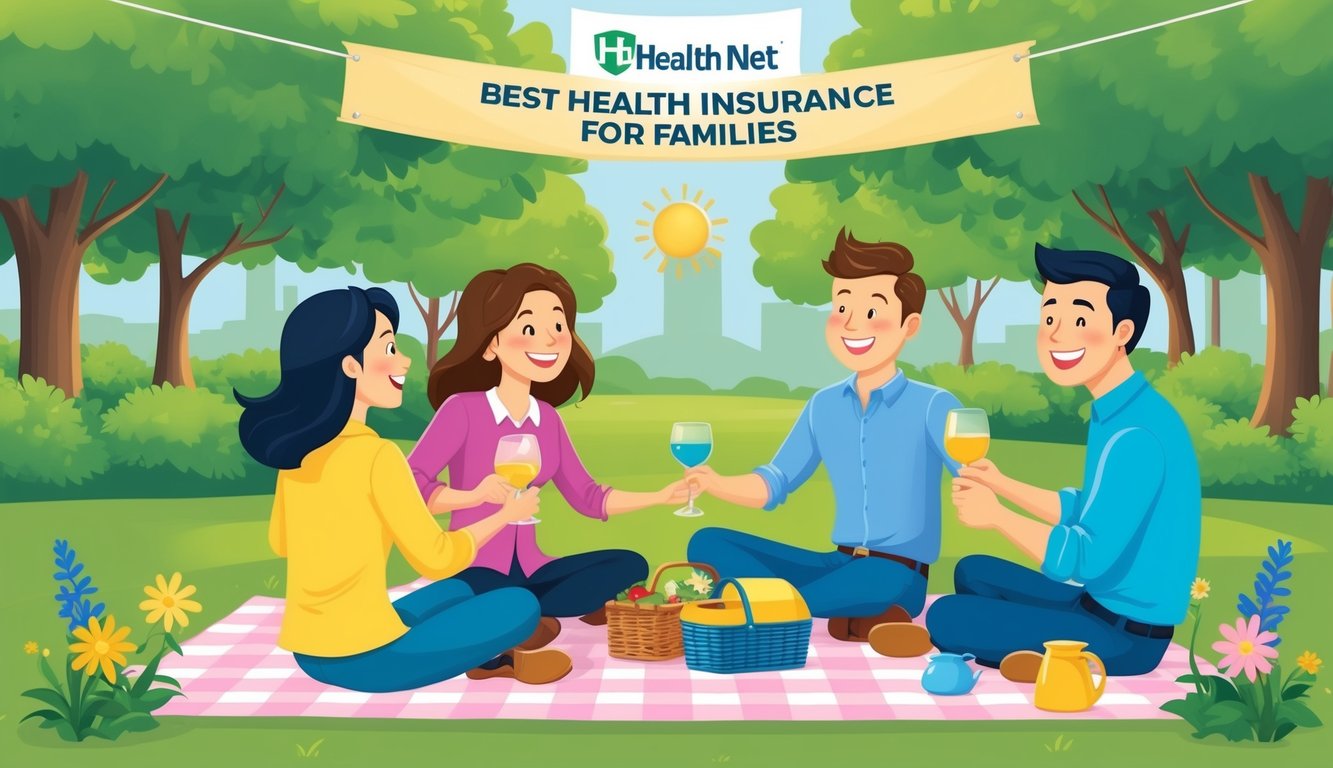 A happy family of four enjoying a picnic in a sunny park, surrounded by lush greenery and colorful flowers, with a banner overhead reading "Health Net Best health insurance for families."