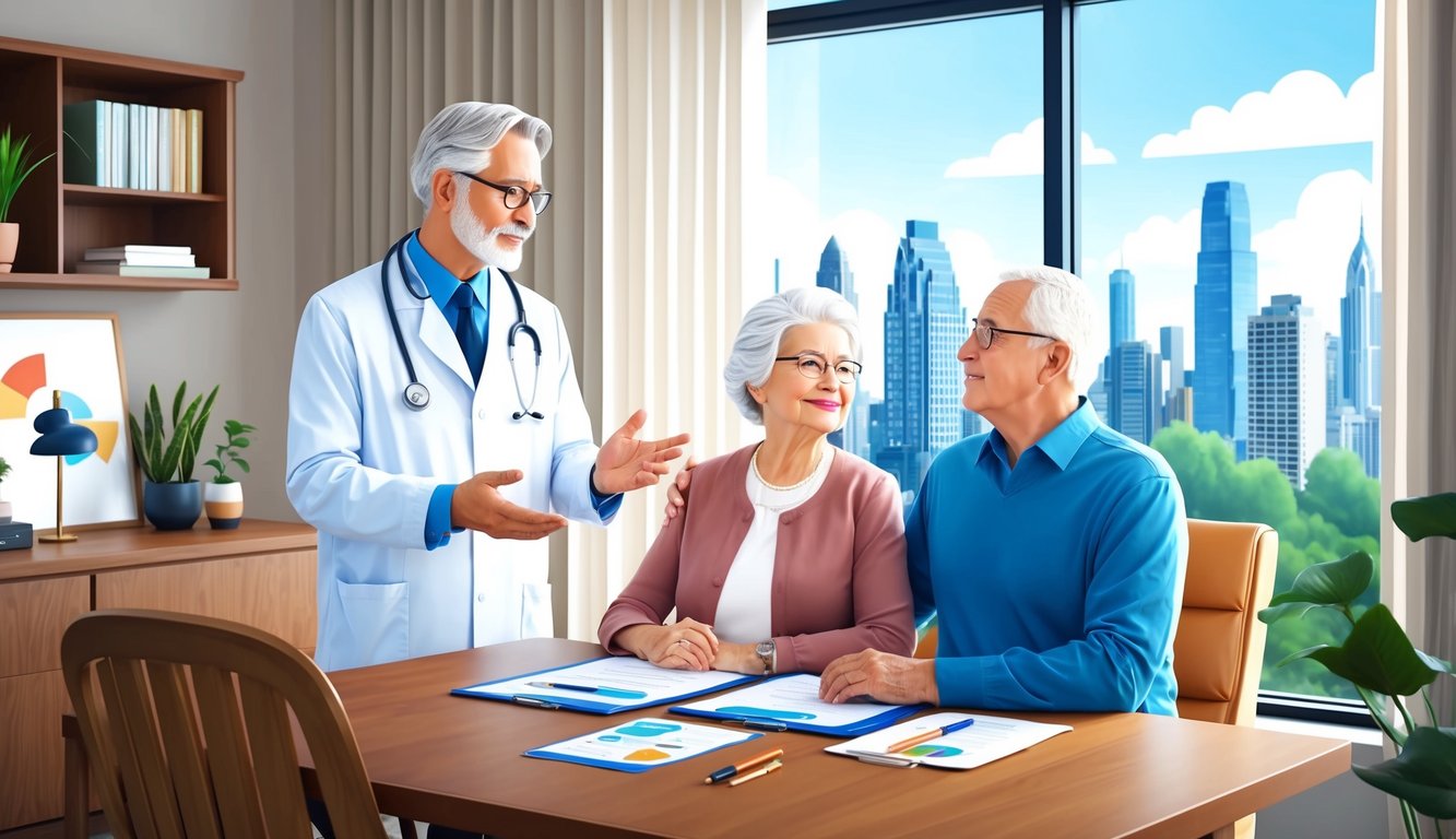 Doctor talking to an elderly couple in an office with city view