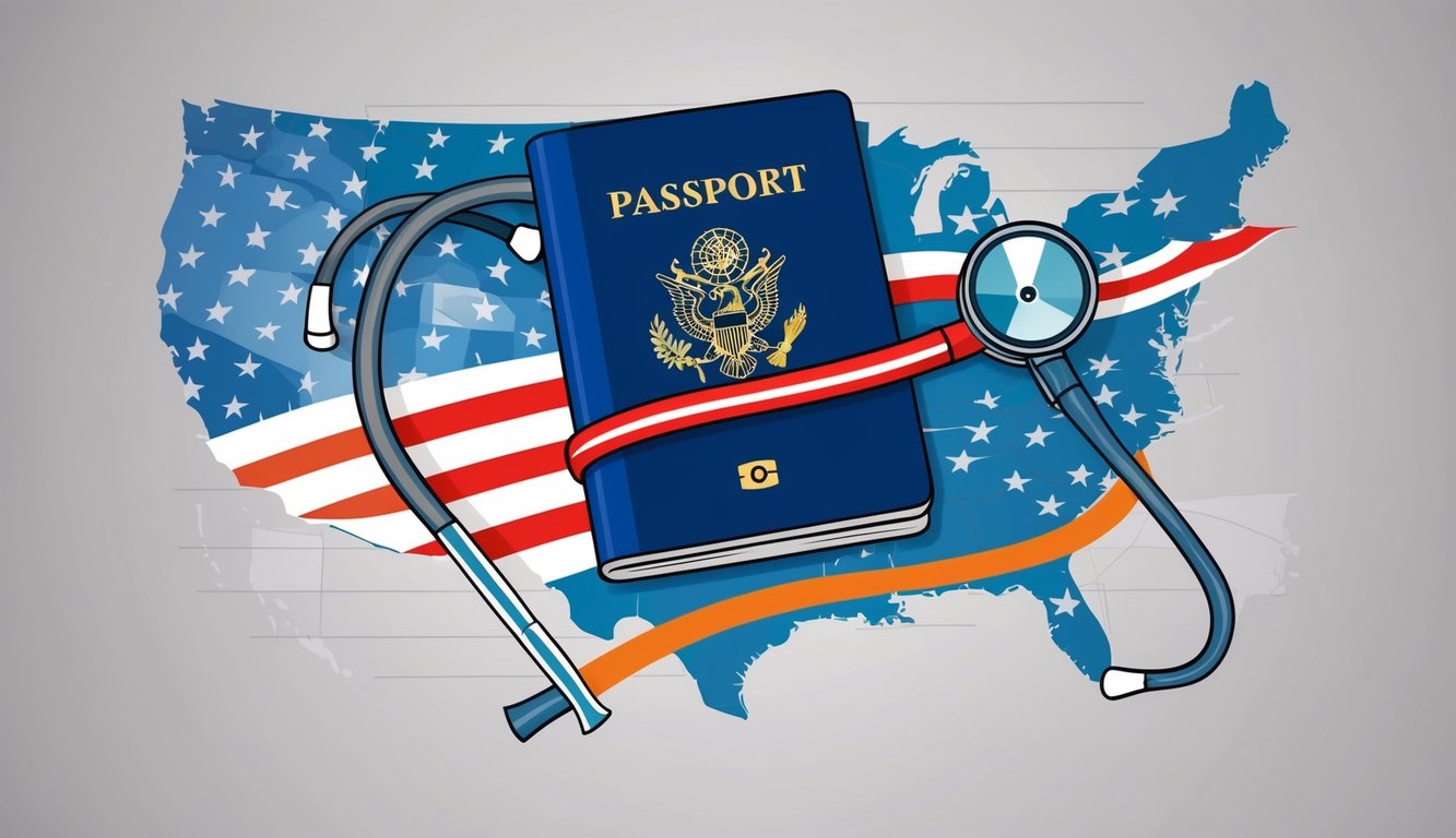 A travel agency logo with a stethoscope wrapped around it, a passport, and a map of the USA in the background