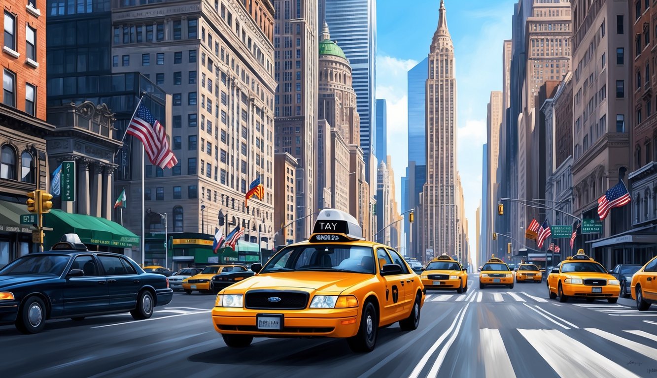 A bustling New York City street with iconic skyscrapers and a yellow taxi cab passing by