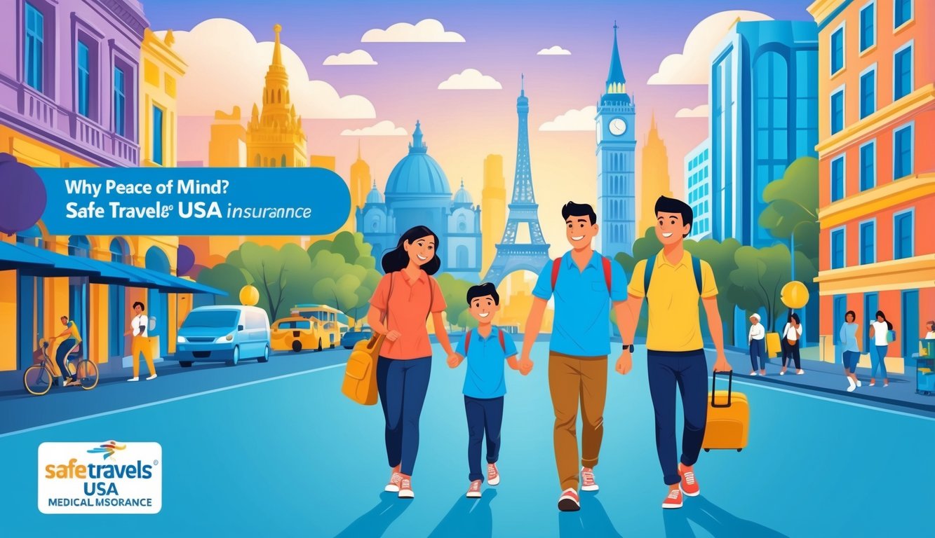 A family of three happily explores a vibrant city, with iconic landmarks in the background, showcasing the peace of mind provided by Safe Travels USA medical insurance