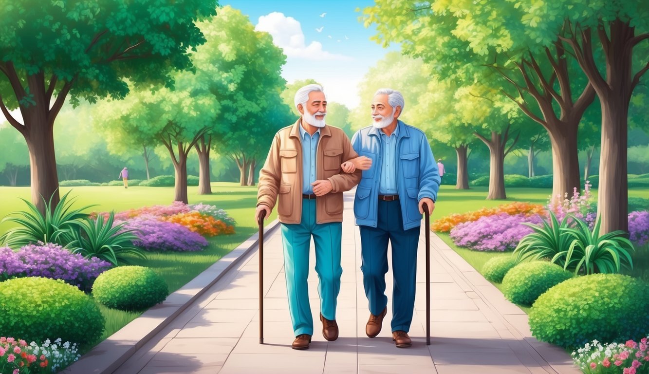 Two elderly men walking arm-in-arm on a path in a park