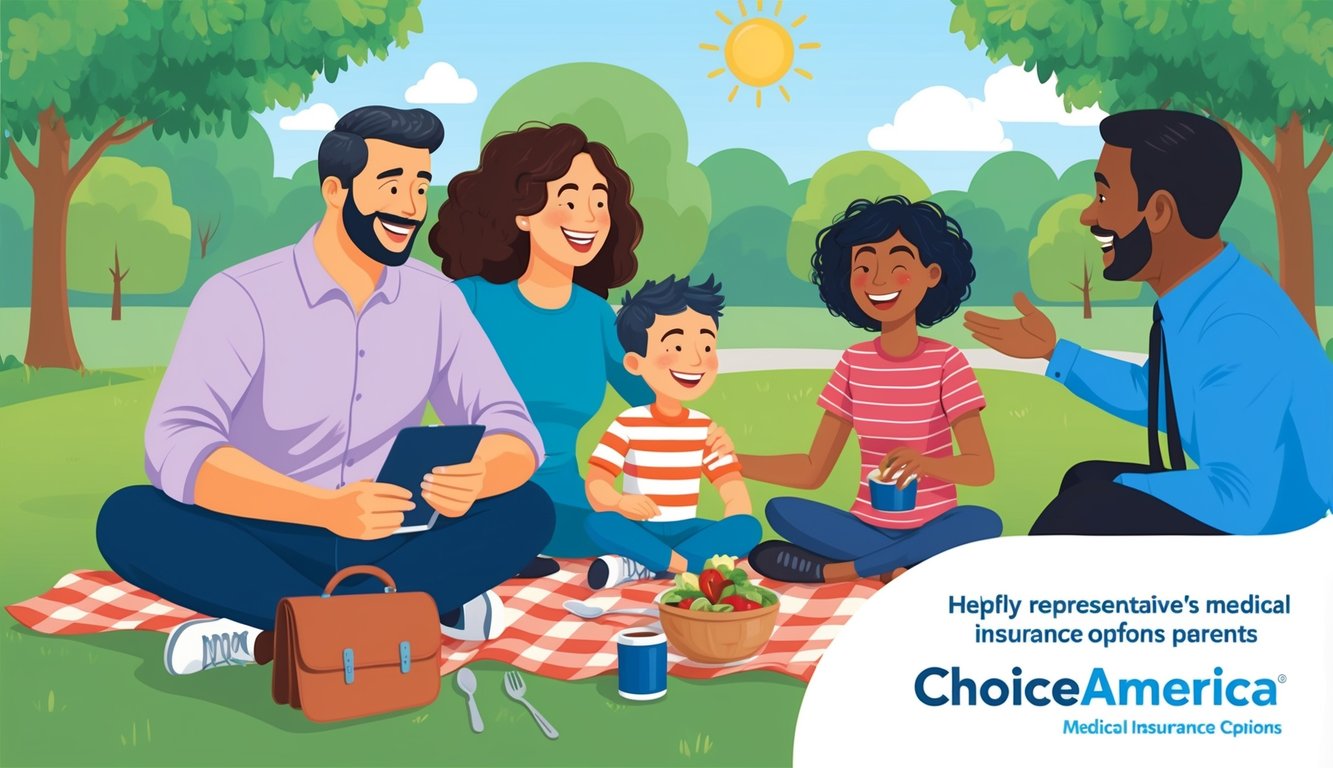 A smiling family of three enjoys a picnic in a sunny park, while a helpful representative explains ChoiceAmerica's medical insurance options for their visiting parents