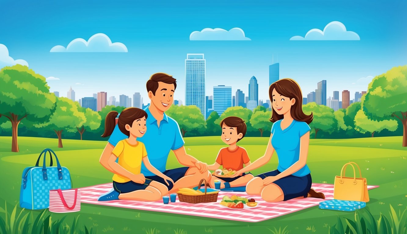 A family of three enjoying a picnic in a vibrant, green park with a clear blue sky and a view of the city skyline in the background