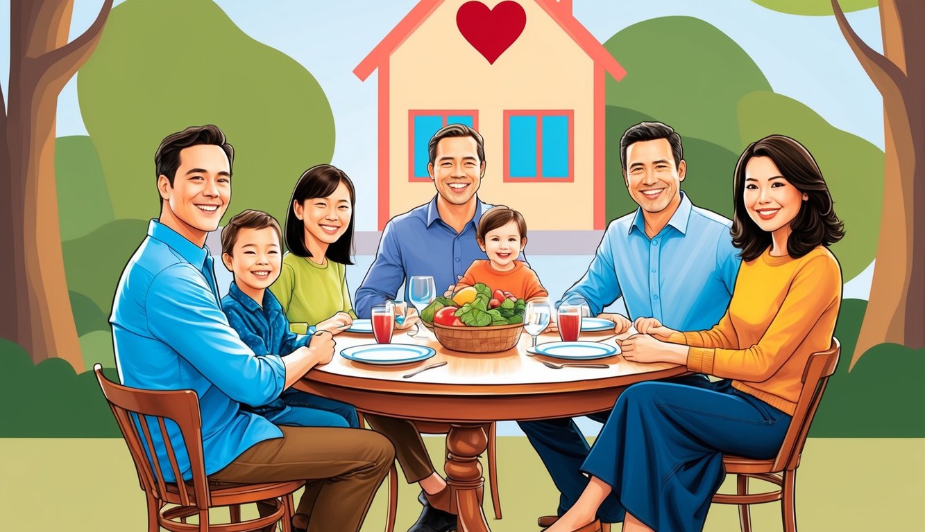 A family sits around a table, smiling, with a house and a heart symbol in the background