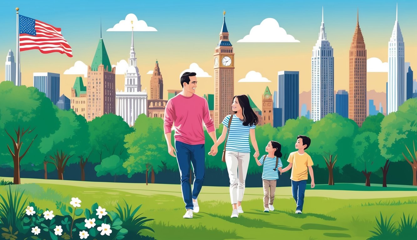 A family of three happily exploring a scenic park with a backdrop of iconic American landmarks