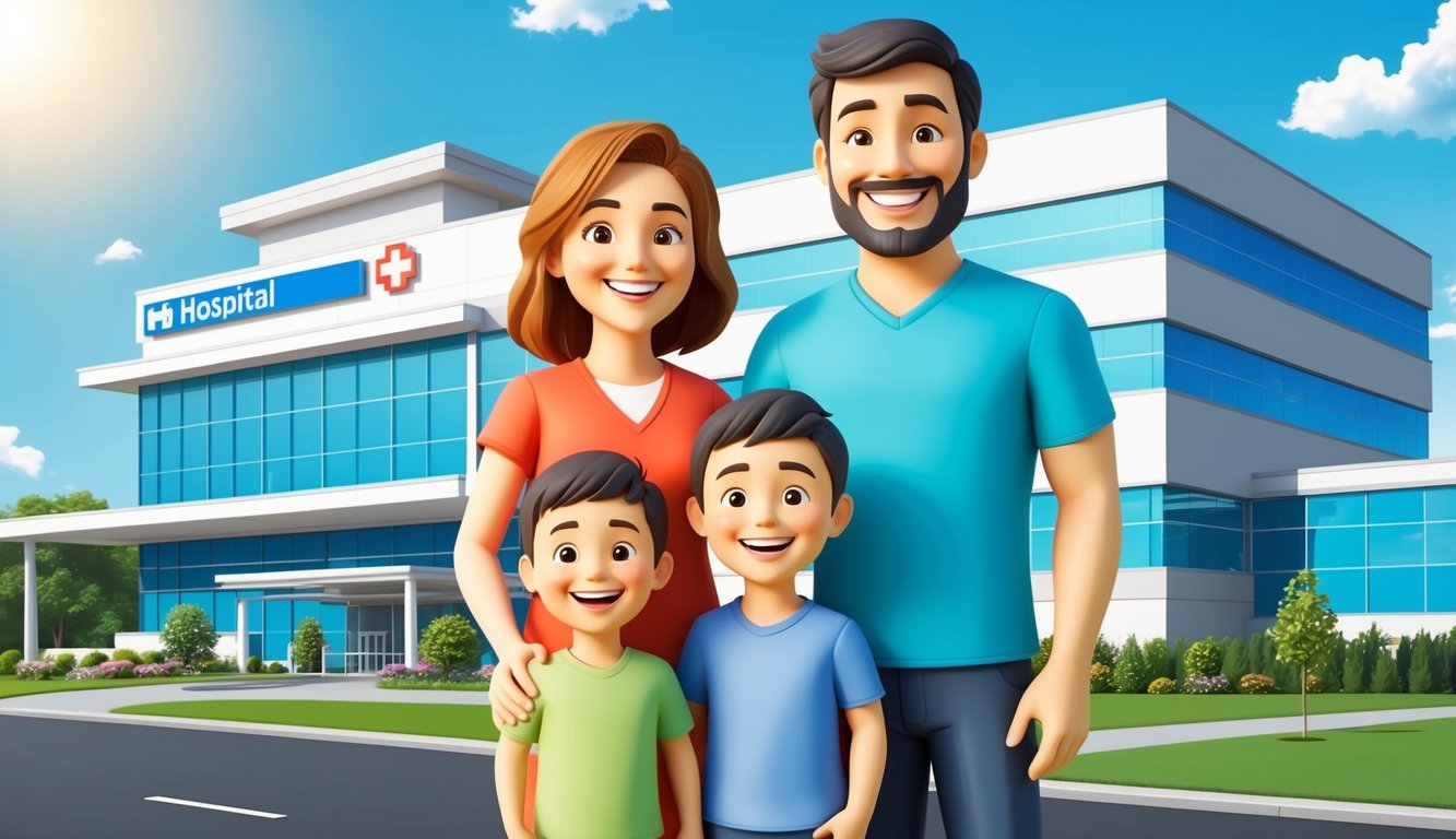 A smiling family of three stands in front of a modern hospital, with the sun shining and a clear blue sky in the background