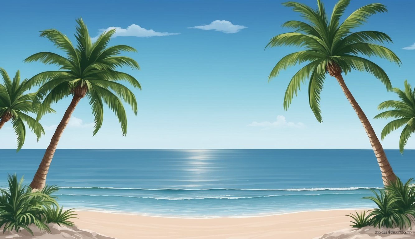 A serene beach with a calm ocean, palm trees, and a clear blue sky