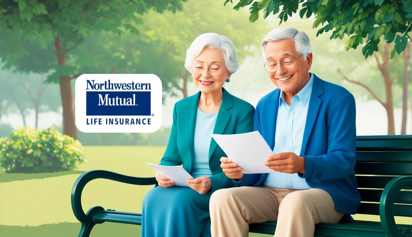 A serene elderly couple sitting on a park bench, surrounded by lush greenery and smiling as they review paperwork for Northwestern Mutual life insurance