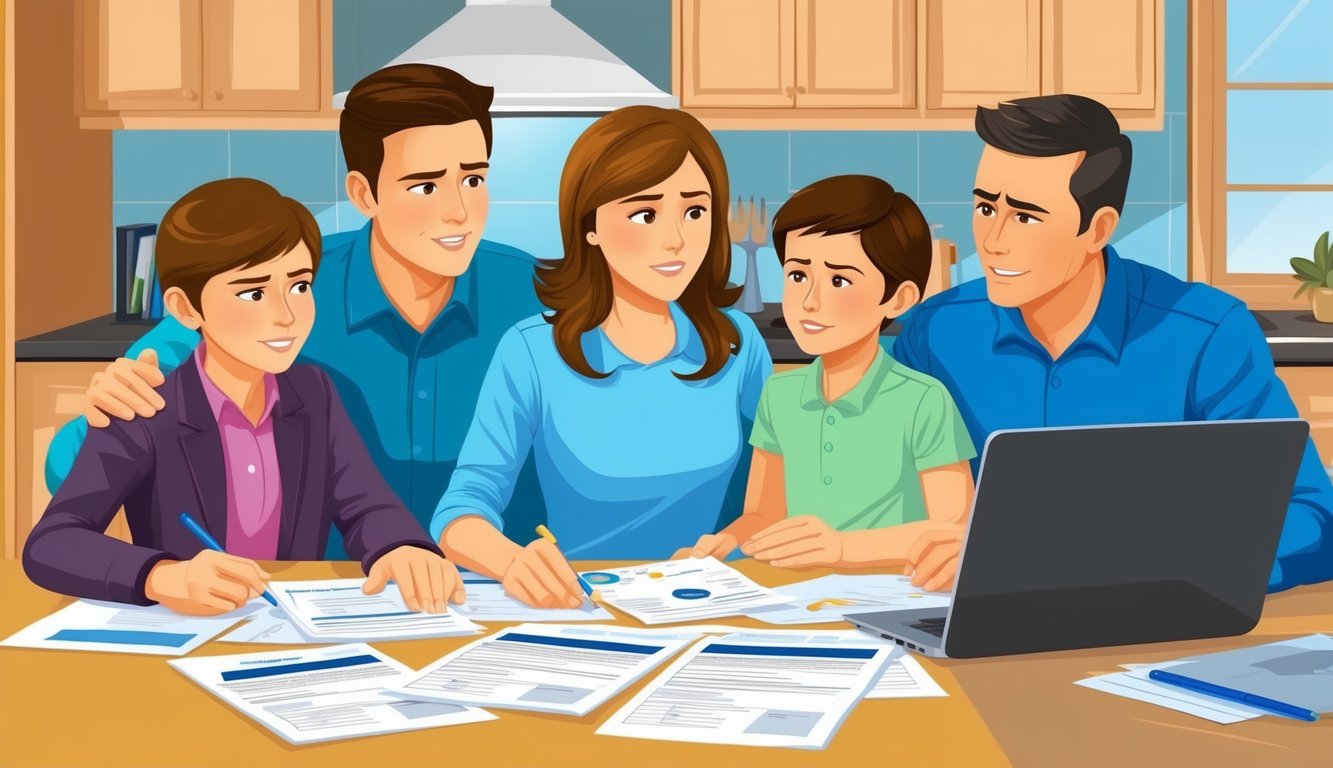 Family of five reviewing documents and using a laptop at a table