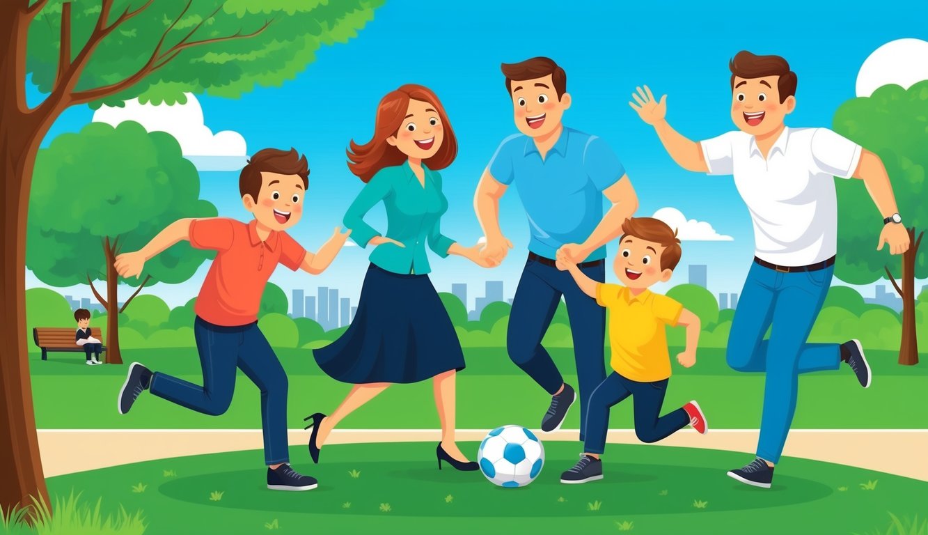 Family of five playing soccer in a park on a sunny day
