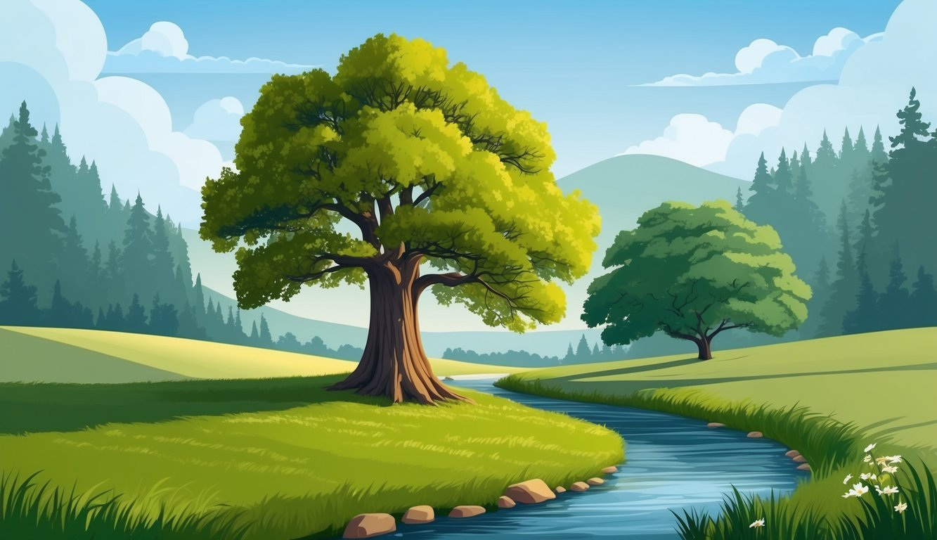 Cartoon landscape with trees, river, green grass, and mountains under a blue sky